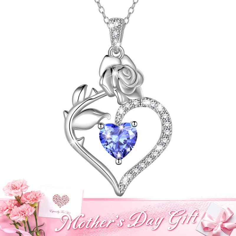 925 Sterling Silver Birthstone Necklace Rose Flower Heart Pendant Jewelry Christmas Valentines Mother'S Day Gifts for Women Mom Wife/Lover