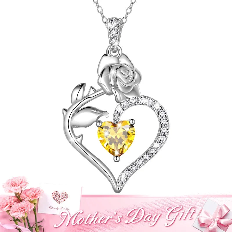 925 Sterling Silver Birthstone Necklace Rose Flower Heart Pendant Jewelry Christmas Valentines Mother'S Day Gifts for Women Mom Wife/Lover