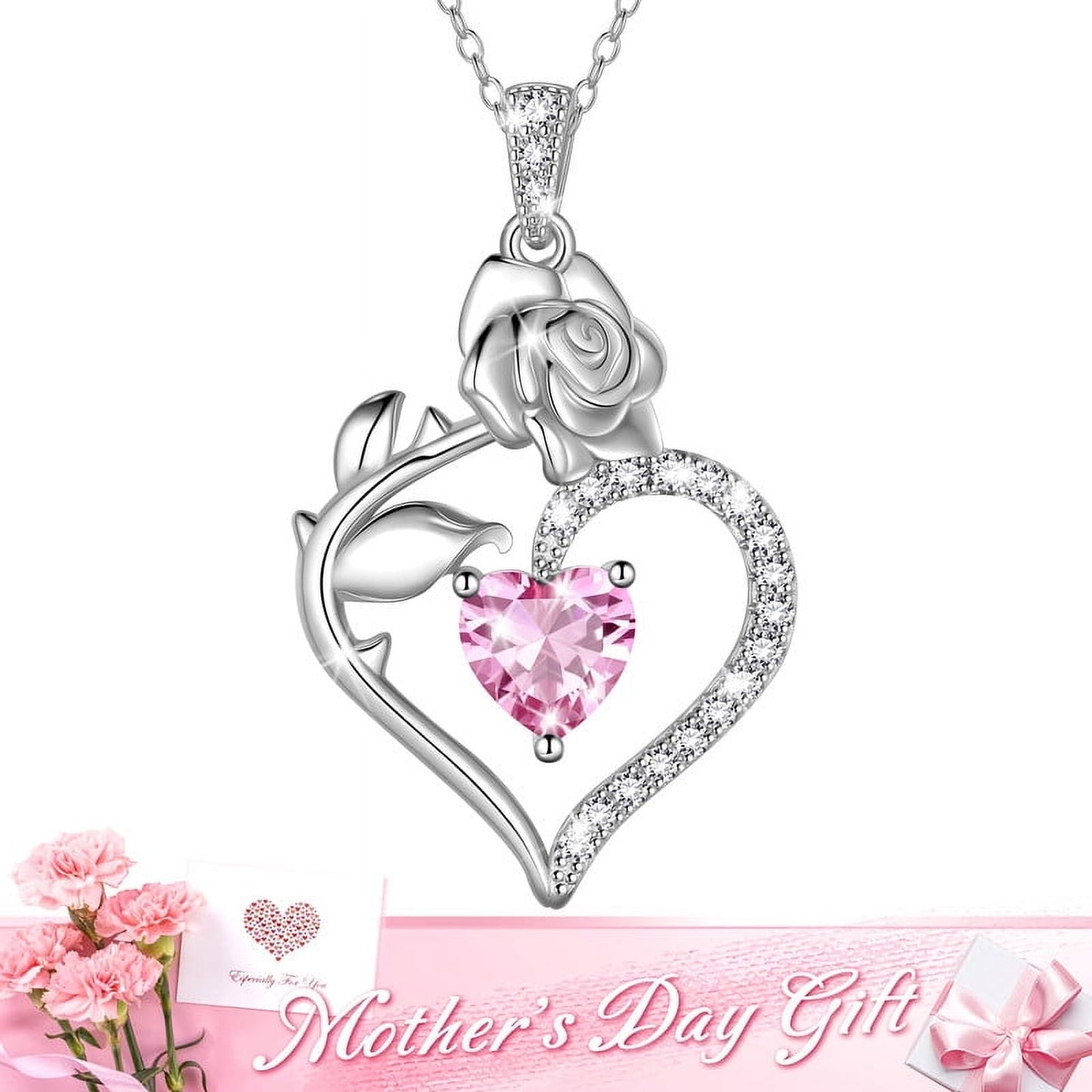 925 Sterling Silver Birthstone Necklace Rose Flower Heart Pendant Jewelry Christmas Valentines Mother'S Day Gifts for Women Mom Wife/Lover